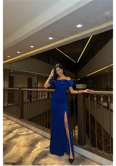 Lior Design Kadın Trend Tasarım Kare Yaka Yırtmaçlı Kısa Kollu Abiye Elbise Saks
