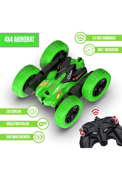 Oyuncak Uzaktan Kumandalı 4 Teker Akrobat Araba 360 Rotasyon Şarjlı Led Işıklı Yeşil