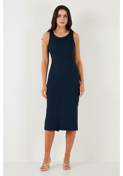 Lela Fitilli Slim Fit Bisiklet Yaka Yırtmaçlı Midi Boy Bayan Elbise 5866101 Lacivert