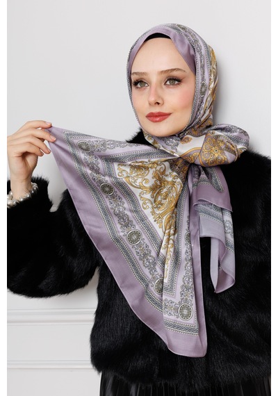 Sevitli Versace Desenli Hint İpeği Şal-lila-4533