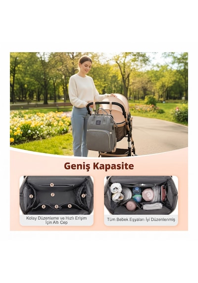 Alt Açma Yataklı Geniş Kapasiteli Fonksiyonel Çok Bölmeli Anne Bebek Bakım Sırt Çantası Gri
