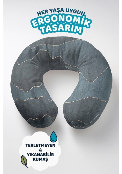 Mermer Desenli Ergonomik Boyun Yastığı - Modern Gri Altın Çizgili Yetişkin Seyahat Yastığı Canlı Kanyon Petrol