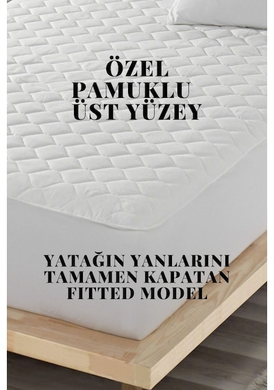 Sıvı Geçirmez Alez Kapitoneli Fitted Pamuklu Yatak Koruyucu Beyaz Çift Kişilik Beyaz
