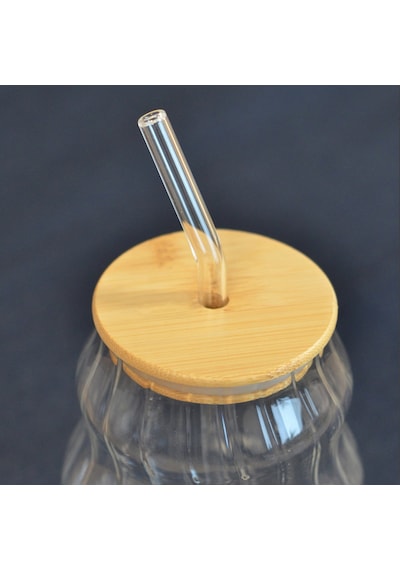 Paçii Bambu Kapaklı Pipetli Çizgili Bardak - Açık Kahverengi / Şeffaf - 450 Ml Renkli