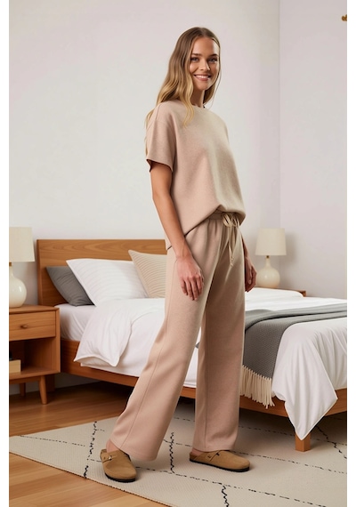 Benerly Kadın Bisiklet Yaka Standart Kol Waffle Örme Pijama Takımı Fonksi Açık Bej