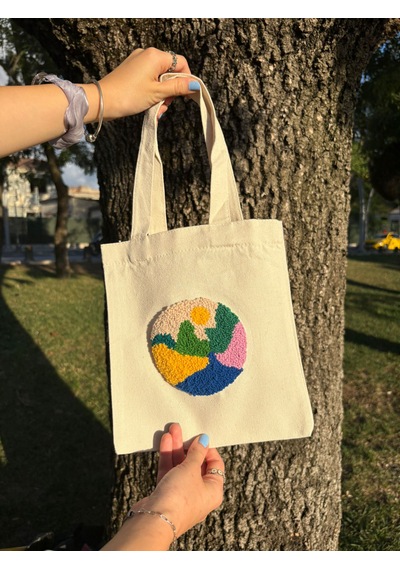 Bolergıashop Cıena Tasarım Canvas Omuz Çantası Bej - Beyaz - Yeşil Punch İşleme