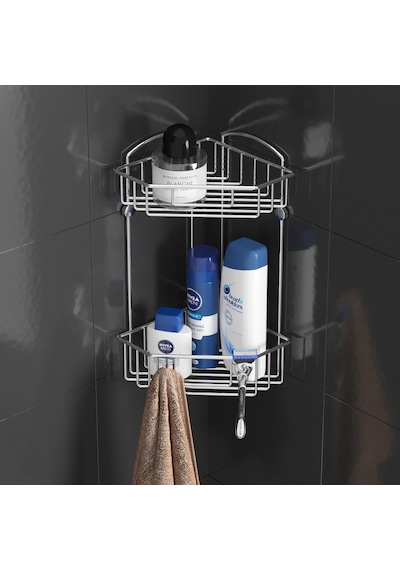 Teknotel İki Katlı Kancalı Banyo Köşe Rafı Krom Es092 Çok Renkli