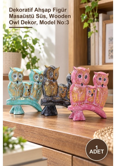1 Adet Ahşap Baykuş Figürleri Dekoratif Ahşap Figür Masaüstü Süs, Wooden Owl Dekor, Model No:3