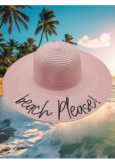 Tezzgelsin Kadın Beach Please Nakış İşlemeli Hasır Şapka Pembe