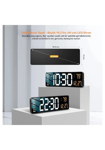 Büyük Ekranlı 16" Led Saat Dijital Duvar Saati Alarm Özellikli Dekoratif Tasarım Siyah
