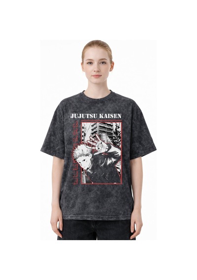 Tasarım Jujutsu Kaisen Itadori Yuji Anime Baskılı Unisex Oversize Siyah