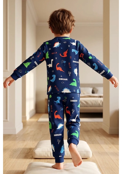 Zuzunga Hello Dino Desenli Uzun Kollu Erkek Çocuk İnterlok Pijama Takımı Lacivert