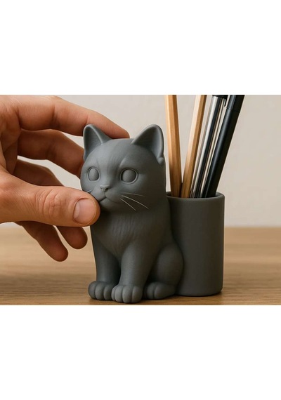 3d Baskı Kedi Figürlü Kalemlik - Masaüstü Organizer - Gri Diğer