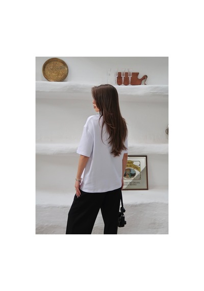 Paw Garage Kadın Mia İnterlok Kumaş Bisiklet Yaka Oversize T-shirt Beyaz