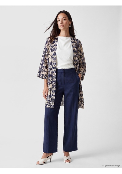 Lcw Everyday Mavi Şal Yaka Desenli Beli Kuşaklı Kadın Kimono