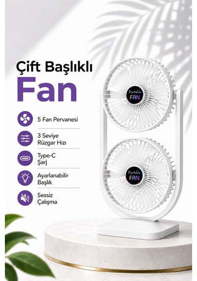 Çift Başlıklı Fan Şarjlı Masaüstü Vantilatör Soğutucu Type-c Girişli, 3 Kademeli - Ayarlanabilir Başlık Çift Başlıklı Fan Şarjlı Masaüstü Vantilatör Soğutucu Type-c Girişli, 3 Kademeli - Ayarlanabilir Başlık
