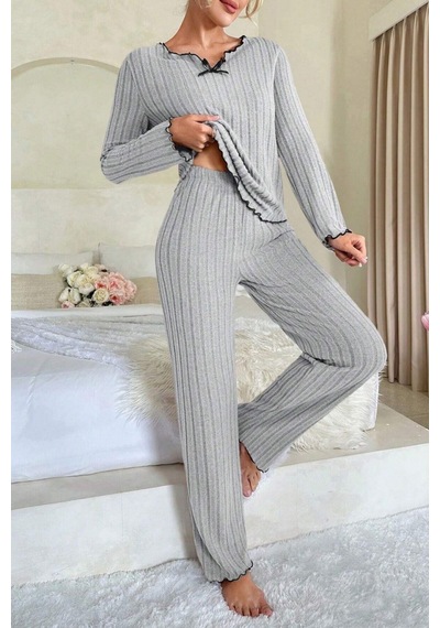 Moda Dua Kadın Gri Çizgili Uzun Kollu Fiyonk Detaylı Pijama Takımı Rahat Mevsimlik