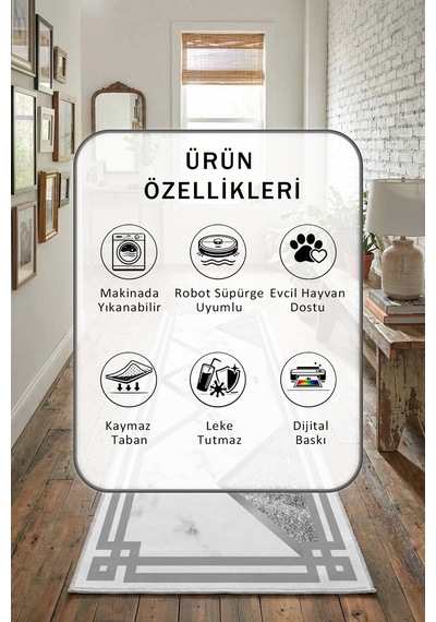 Klasik Silver Mermer Yıkanabilir Yolluk Açık Gri