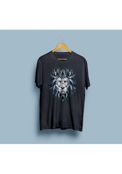 Oversize Etnik Desenli Aslan Tasarım Unisex T-shirt Siyah