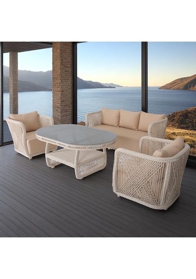 Psine Üçlü Rattan Bahçe Oturma Grubu 3+1+1+sehpalı Bahçe Takımı