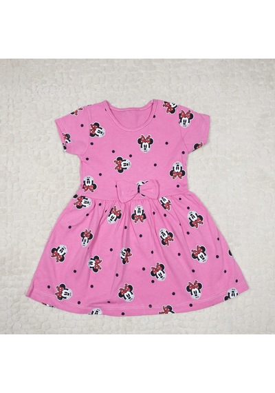 Momikon Minnie Mouse Desenli Fiyonk Detaylı Pamuklu Kız Çocuk Elbise Pembe