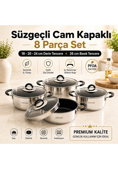 8 Parça Paslanmaz Çelik Tencere Seti İndüksiyon Ocak Uyumlu, Süzgeç Kapaklı Gümüş
