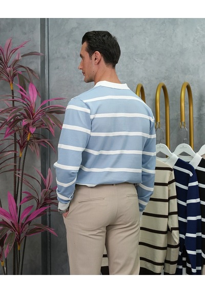 Modefendi Pamuk Likra Slim Fit Örgü Yatay Desen Yaka Şerit Detaylı Polo Yaka Kazak Bebe Mavi Modefendi Pamuk Likra Slim Fit Örgü Yatay Desen Yaka Şerit Detaylı Polo Yaka Kazak Bebe Mavi