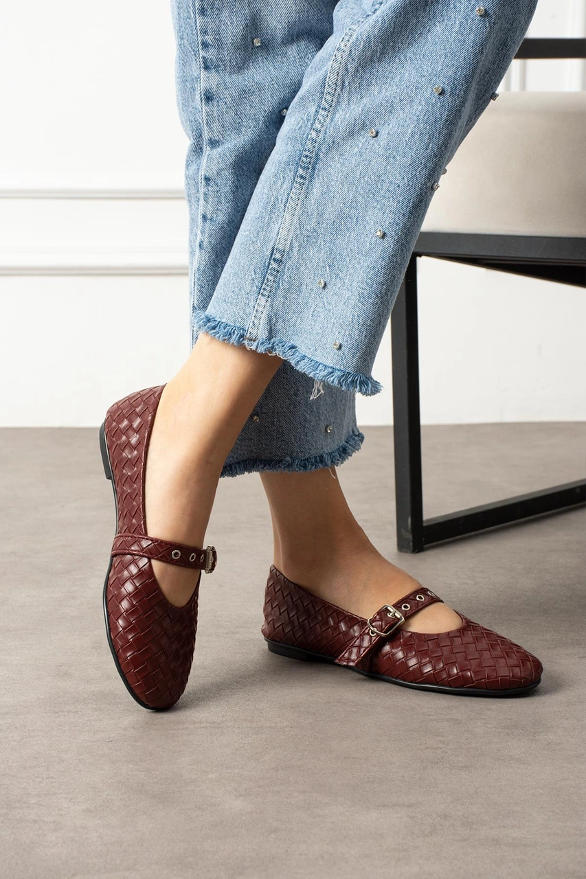 Shoetek Masvi Kadın Babet Önden Bantlı Tokalı Örgü Dokumalı Bordo Deri Bordo
