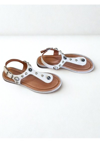 Ne&ve Shoes Bej Hakiki Deri Kadın Parmak Arası Taşlı Sandalet