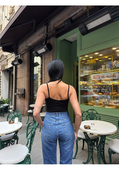 WeShaya Kadın Siyah İp Askılı Viskon Badi Tişört Siyah