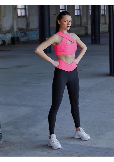 Lismina Beli Çapraz Tasarımlı Toparlayıcı Spor Tayt Siyah - Pembe