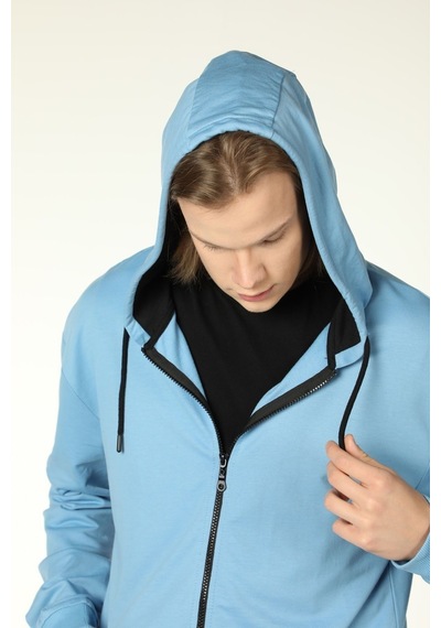 Erkek Kapüşonlu Fermuarlı Oversıze Sweatshırt Koyu Gri Mavi