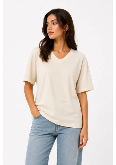 Defymoda V Yaka Basic Tişört Kısa Kol Yazlık Regular Fit T-shirt - Bej