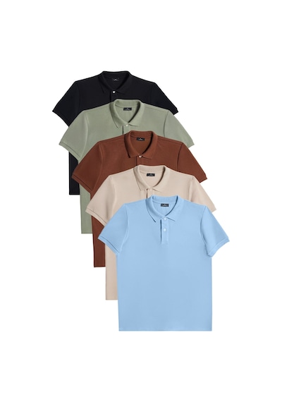 Tudors Erkek 5'li Paket Siyah-yeşil-kahverengi-mavi-vizon Slim Fit Dar Kesim Pamuklu Düz Pike Polo Yaka Tişört-51194 Çok Renkli