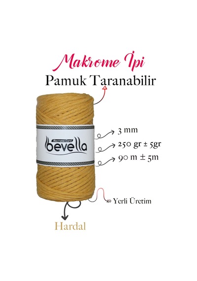 Taranan Makrome Ipi 3mm Taranabilir Pamuk Tek Büküm Makrome Ipi Hardal