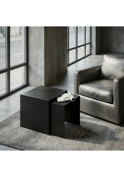 Modern Metal Zigon Sehpa Seti Minimal Tasarım İç İçe Geçen Yan Sehpa 2 Li Set Siyah