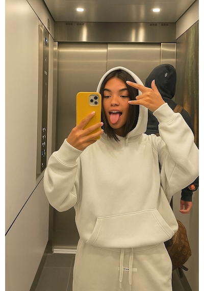 Benroma 3 İplik Penye Kapüşonlu Oversize Sweat Beyaz