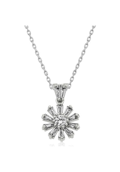 Gümüş Trapez Taşlı Çiçek Bayan Kolye Gümüş