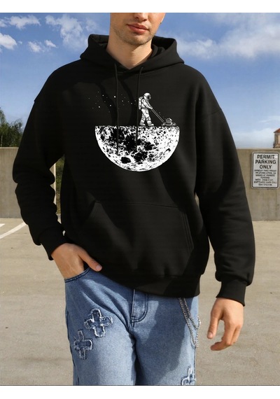 Startmore Tarzsokak Astronotlar Gezegeni Temizliyor Baskılı Erkekler Kapüşonlular Hip Hop Polar Hoodie Moda Bisik Siyah