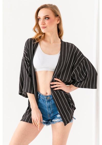 Giysa Kadın Yarım Kol Çizgili Bürümcük Kimono Antrasit - 254406 Antrasit