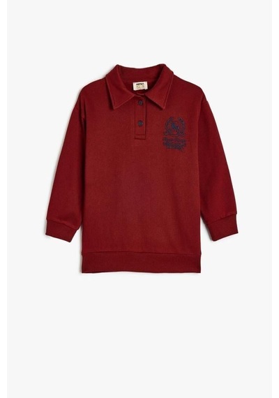 Koton Erkek Çocuk Oversize Polo Sweatshirt Uzun Kollu İşleme Detaylı Düğmeli Bordo