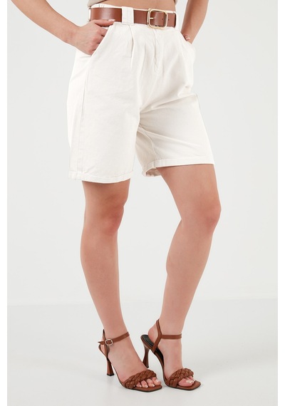 Lela Pamuklu Relaxed Fit Yüksel Bel Kemerli Gabardin Short Bayan Şort 668Yp4710 Beyaz