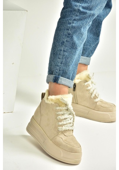 Fox Shoes V367343402 Bej Süet İçi Tüylü Kalın Tabanlı Kadın Bot Bej