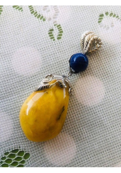 Doğal Kaya Damla Kehribar Lapis Lazuli Taşlı Kolye Ucu 21,35 Gram