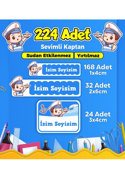 Sevimli Kaptan Temalı Okul Kreş Kişiye Özel İsim Etiket Seti - Model 331 Çok Renkli