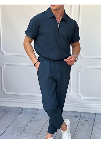 Modefendi Fermuar Detaylı Fitilli Oversize Alt Üst Takım Lacivert