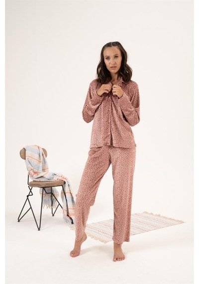 Estiva Desenli Önden Düğmeli Kadife Bayan Pijama Takım 001
