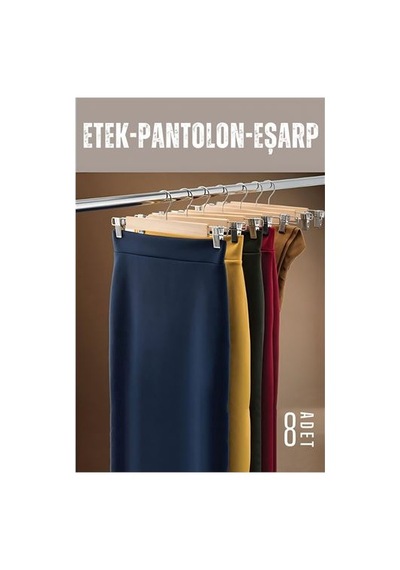 8 Adet Ahşap Pantolon Etek Askısı - Ayarlanabilir Gümüş Mandallı 36cm Organizer Set 719305 Siyah