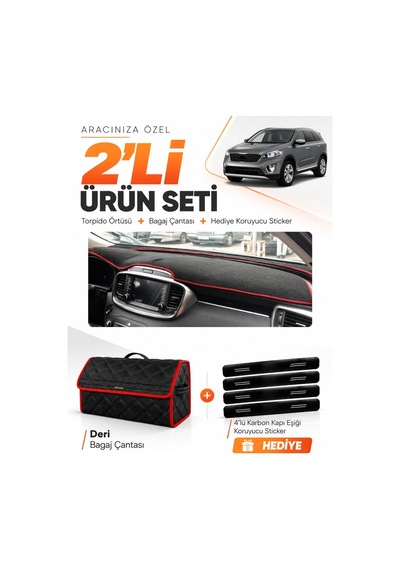 E-biz Kia Sorento 2015-2018 Uyumlu Torpido Örtüsü + Deri Bagaj Çantası - Siyah-kırmızı - Kı020