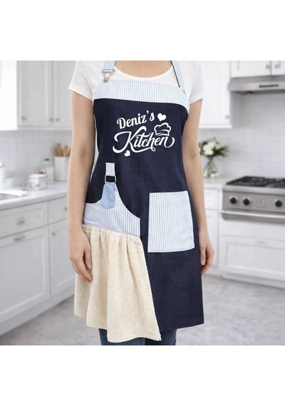 Bk Gift Kişiye Özel İsimli Pamuk Denim Havlu Detaylı Mutfak Önlüğü -2, Aşçı Ve Şef Önlüğü, Anneye  Kobitmeyencom36558 Bk Gift Renkli